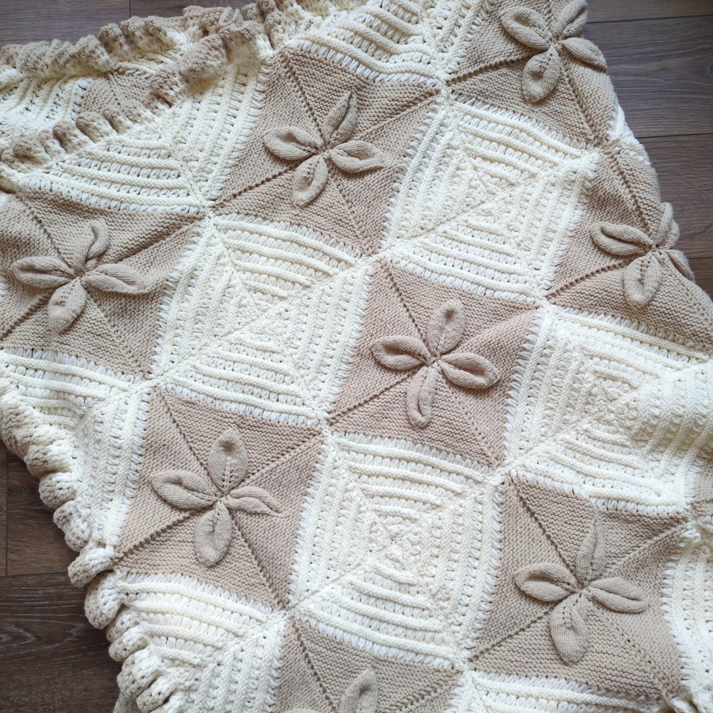 Handmade Knit Crochet Apple Leaf Throw Blanket Cream Tan 3D Floral Ruffle Boho